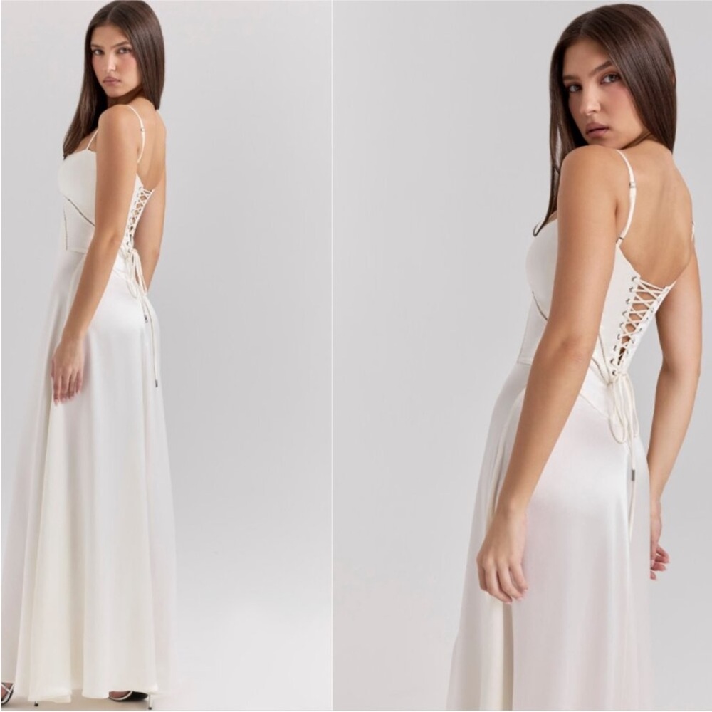 House of CB L A-C 'Anabella' Ivory Satin Lace Up Maxi‎ Dress NWOT - Picture 12 of 15